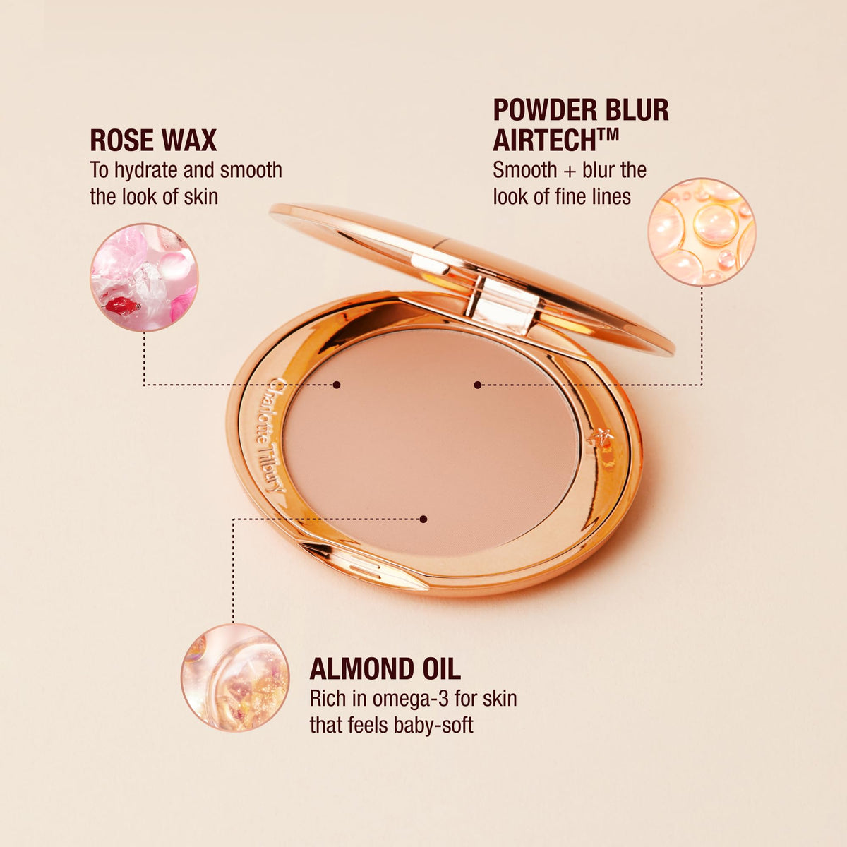 Charlotte Tilbury compact next to coin for size comparison and convenient portability benefit
