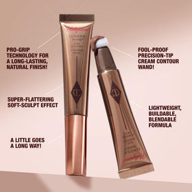Charlotte Tilbury applicator dotting hollows of cheek to demonstrate quick sculpting benefit