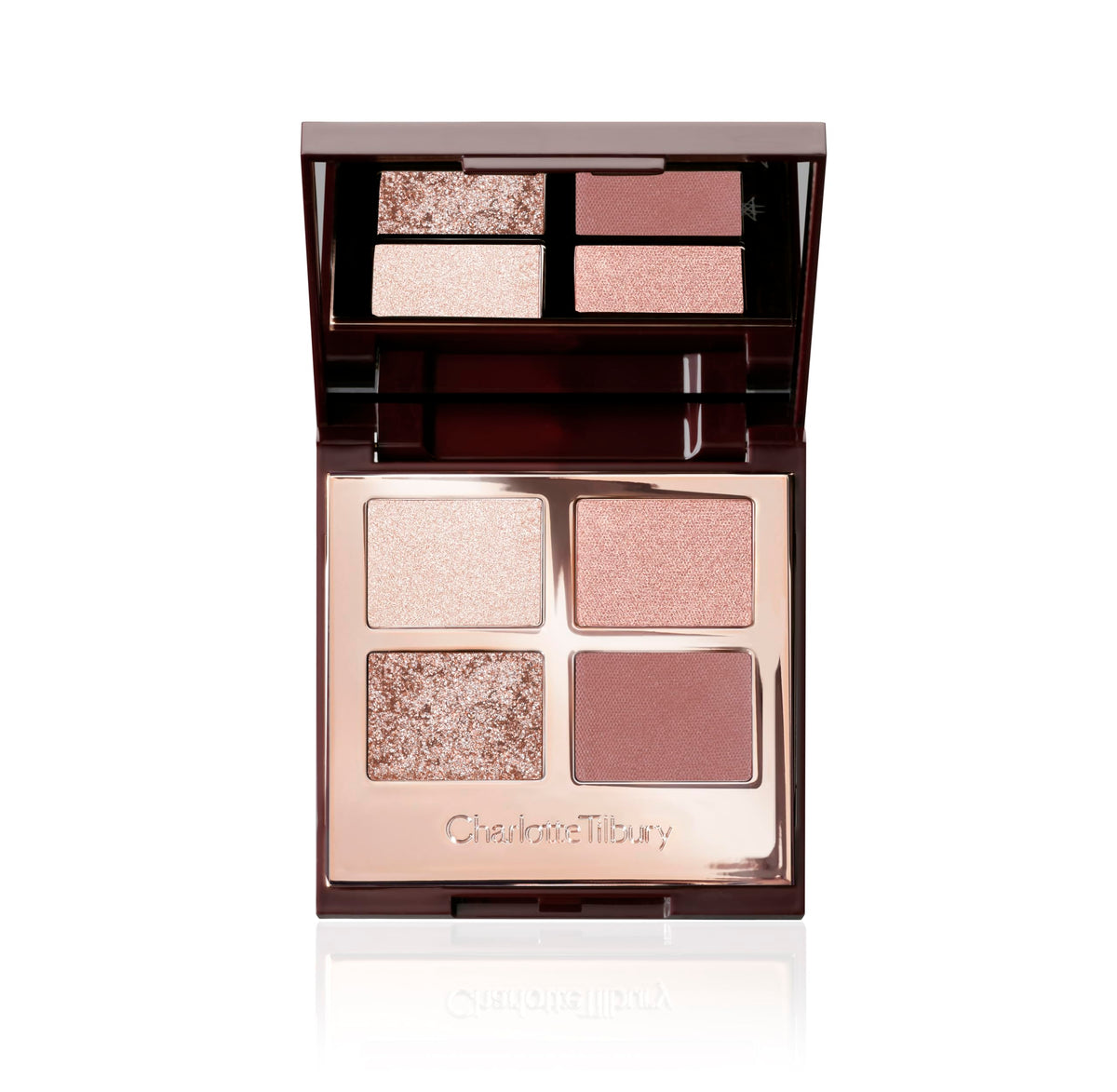 Charlotte Tilbury palette front view showing four rose-gold shades and compact mirror for versatile looks