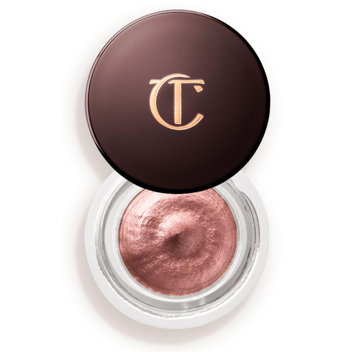 Charlotte Tilbury front pot of Eyes to Mesmerize Pillow Talk showing product label and compact size