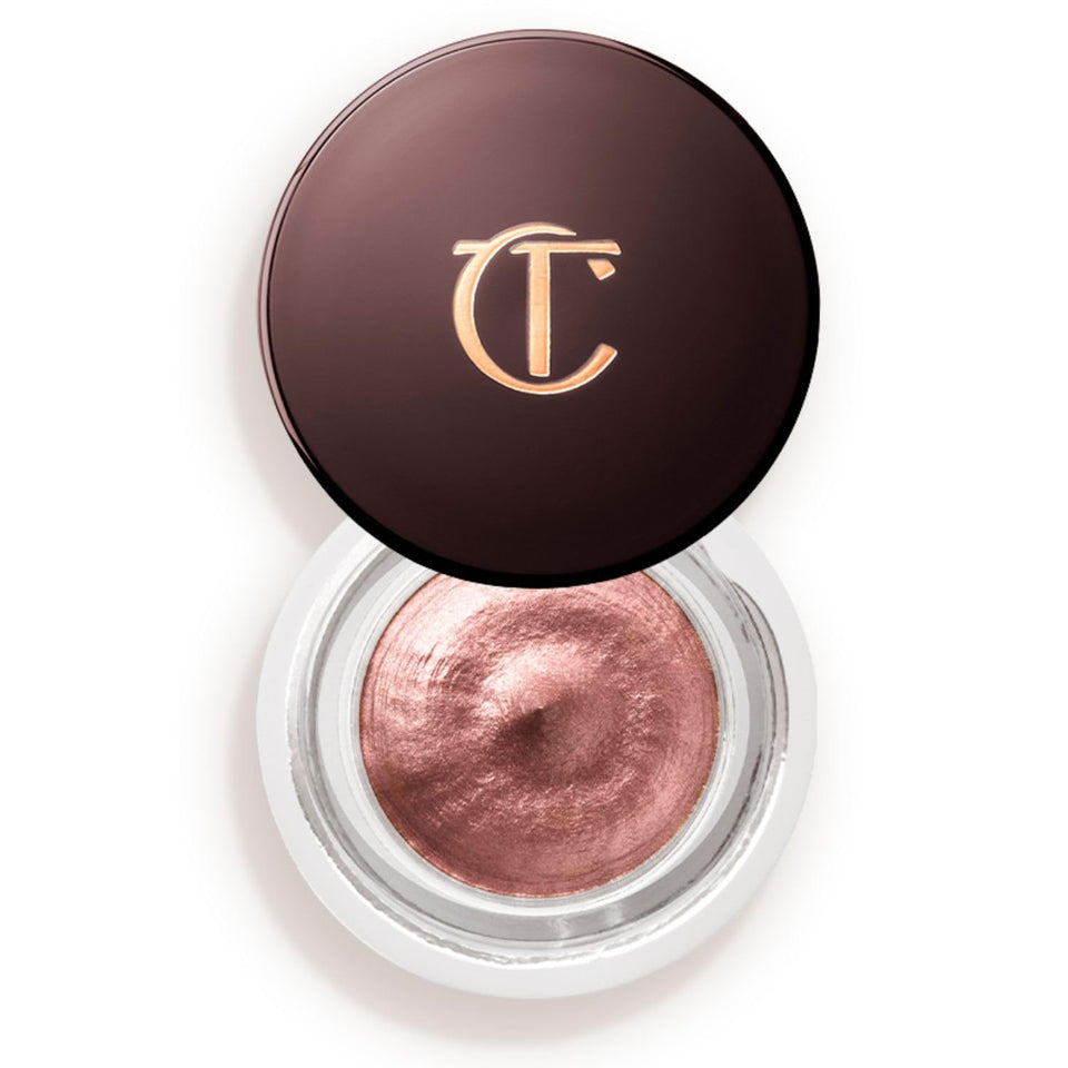 Charlotte Tilbury front pot of Eyes to Mesmerize Pillow Talk showing product label and compact size