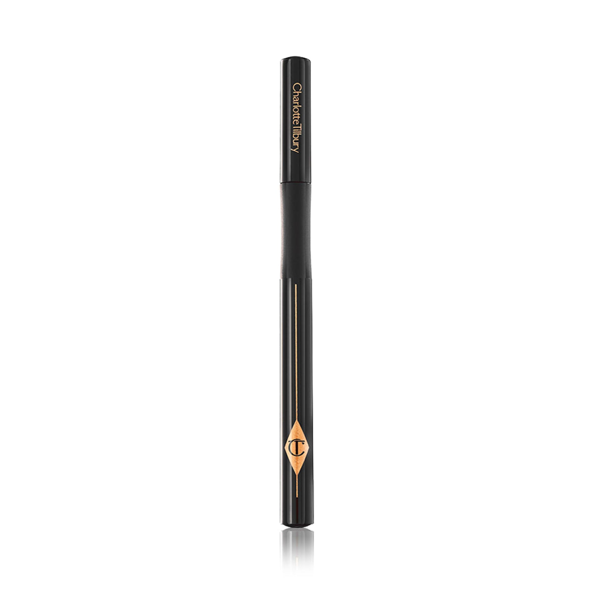 Charlotte Tilbury Feline Flick size comparison beside common cosmetic to show compact, travel-friendly benefit