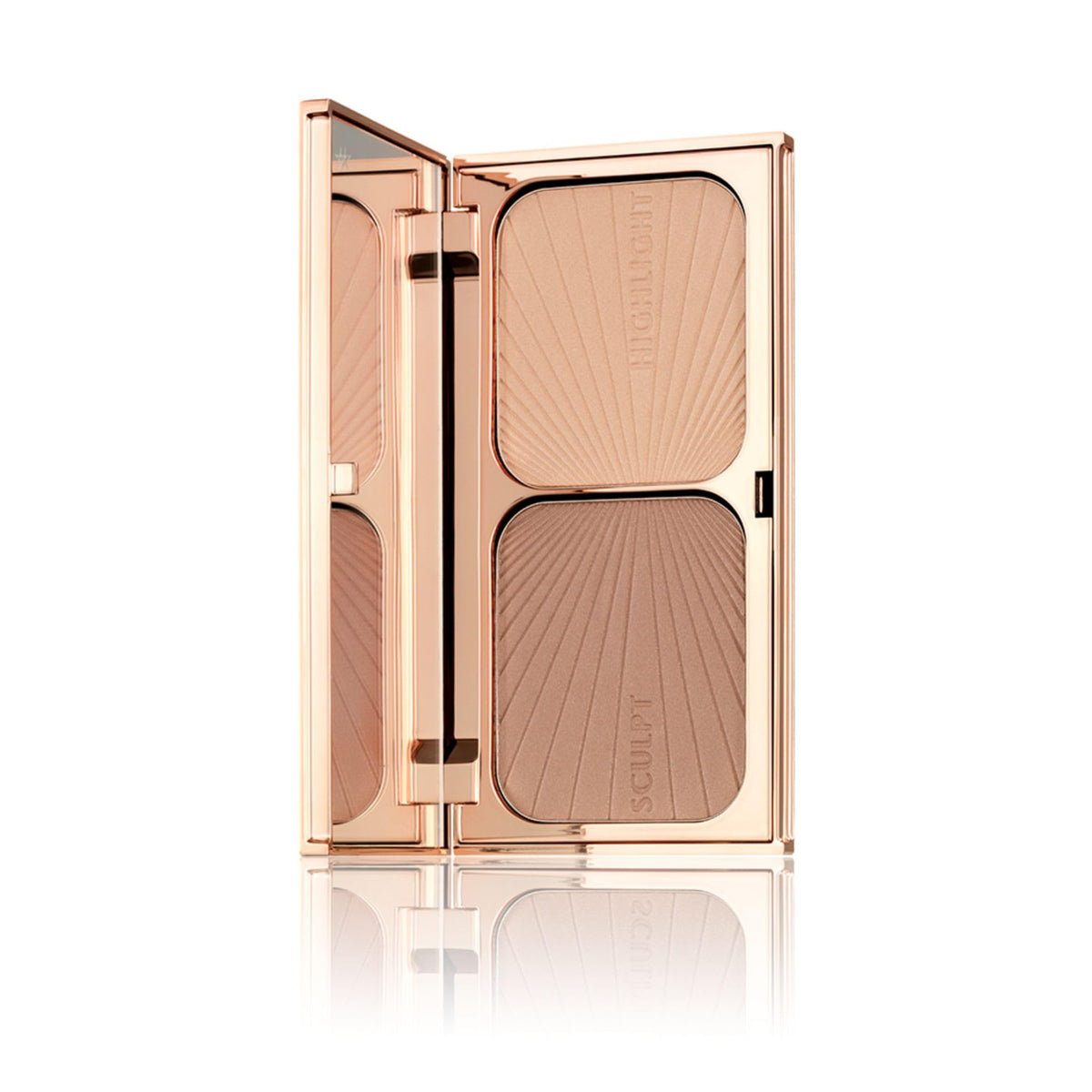 Charlotte Tilbury front view of compact showing bronzer and highlighter for easy application