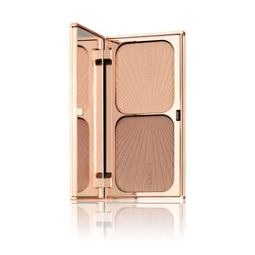 Charlotte Tilbury front view of compact showing bronzer and highlighter for easy application