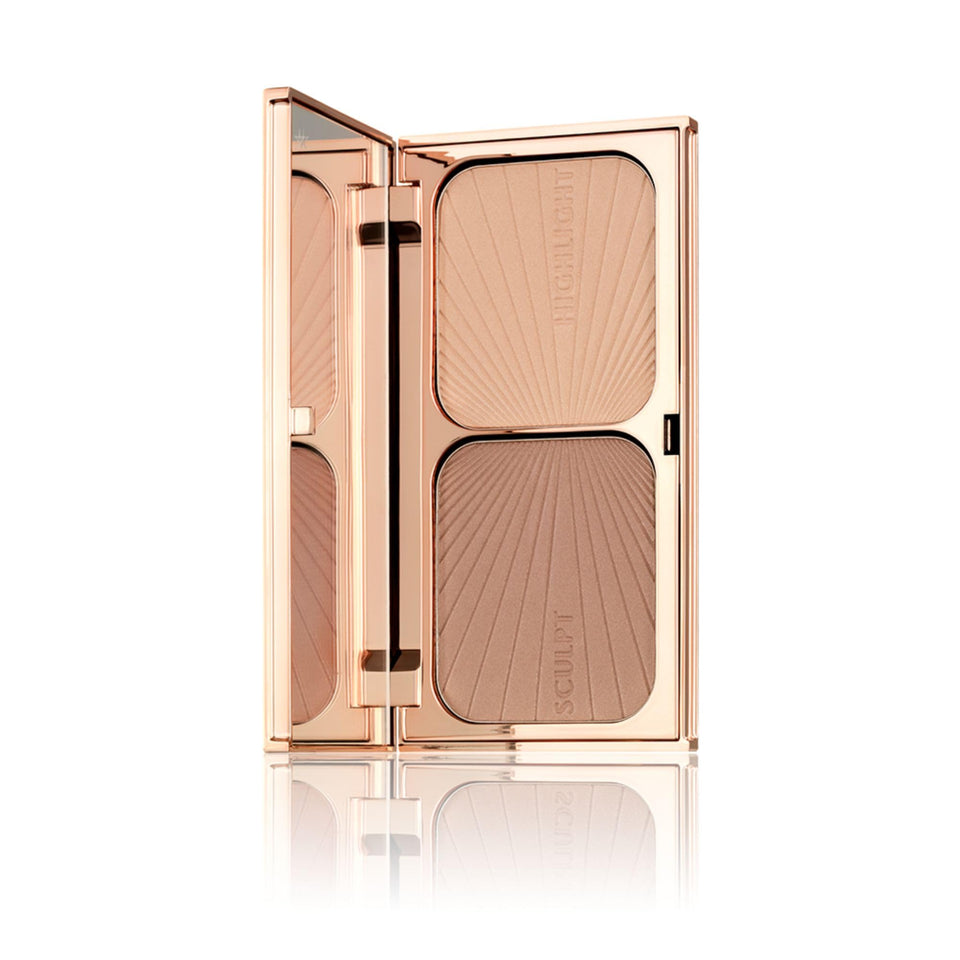 Charlotte Tilbury front view of compact showing bronzer and highlighter for easy application