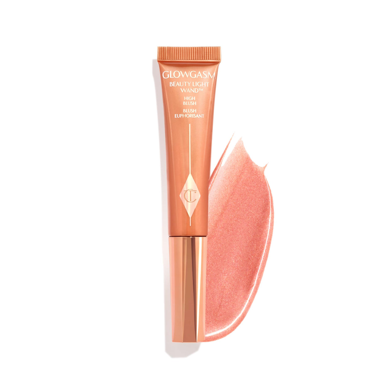 Charlotte Tilbury front packaging showing Peachgasm wand and benefit of portable glow