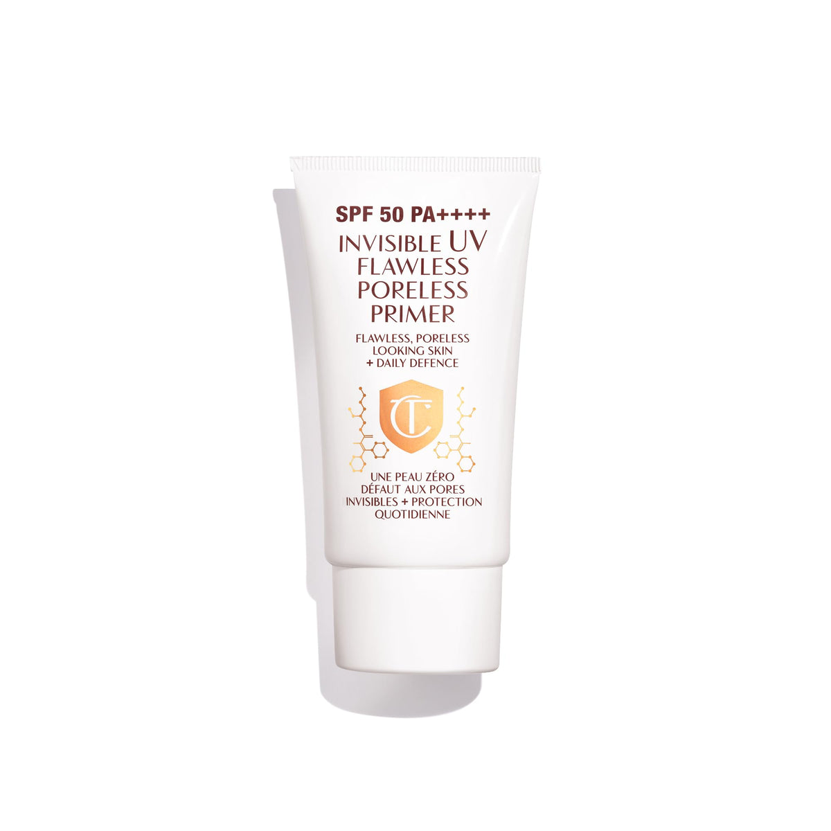 Charlotte Tilbury front packaging showing SPF 50 protection and sleek bottle