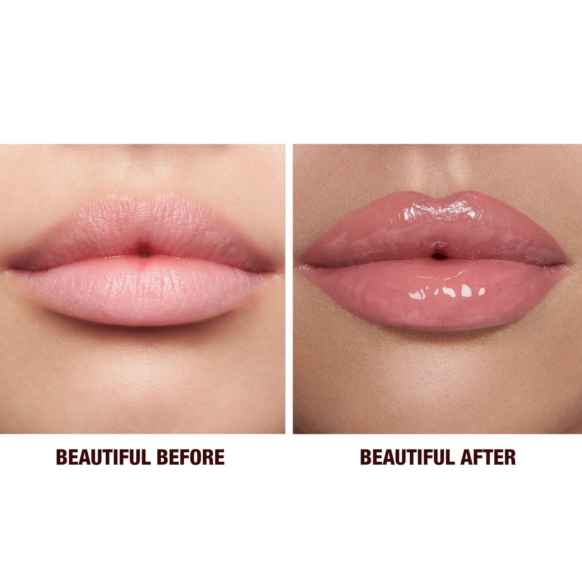 Charlotte Tilbury gloss wand applying shimmer on lips demonstrating precise, non-sticky glossy payoff