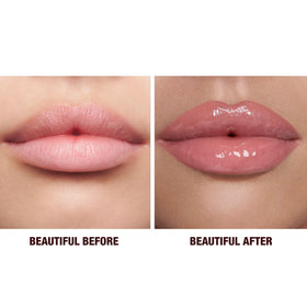 Charlotte Tilbury gloss wand applying shimmer on lips demonstrating precise, non-sticky glossy payoff