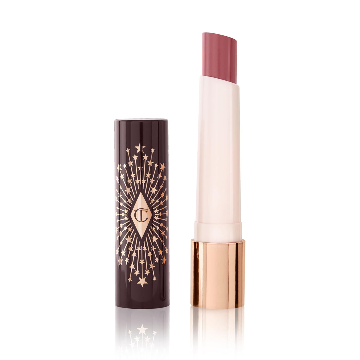 Charlotte Tilbury front view of Happikiss tube showing sleek packaging and premium feel