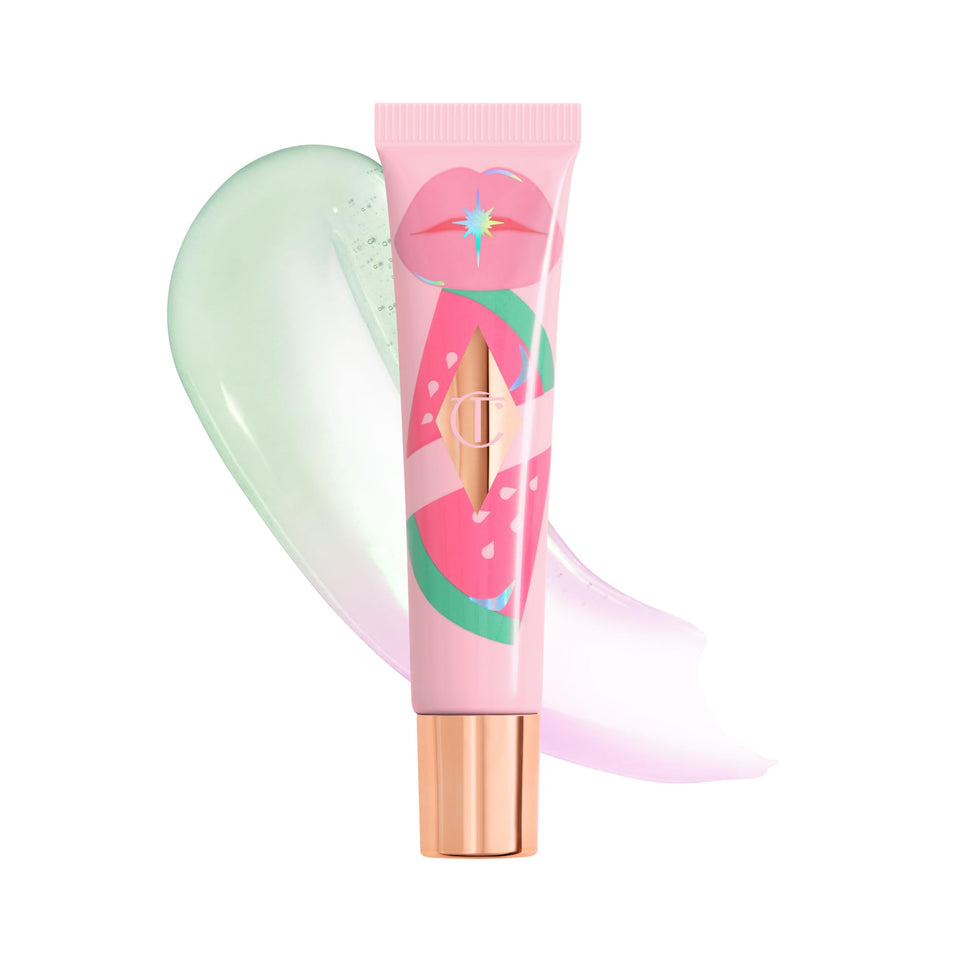Charlotte Tilbury front packaging showing glossy Juicylicious Pink Watermelon shade and shine