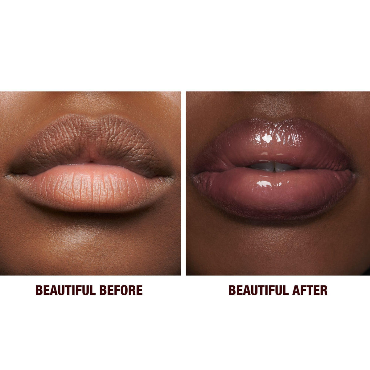 Charlotte Tilbury lips before and after duo showing visible plumper, hydrated glossy result