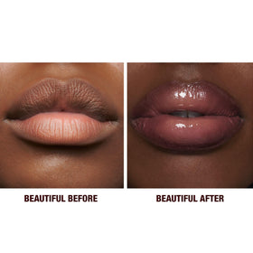 Charlotte Tilbury lips before and after duo showing visible plumper, hydrated glossy result
