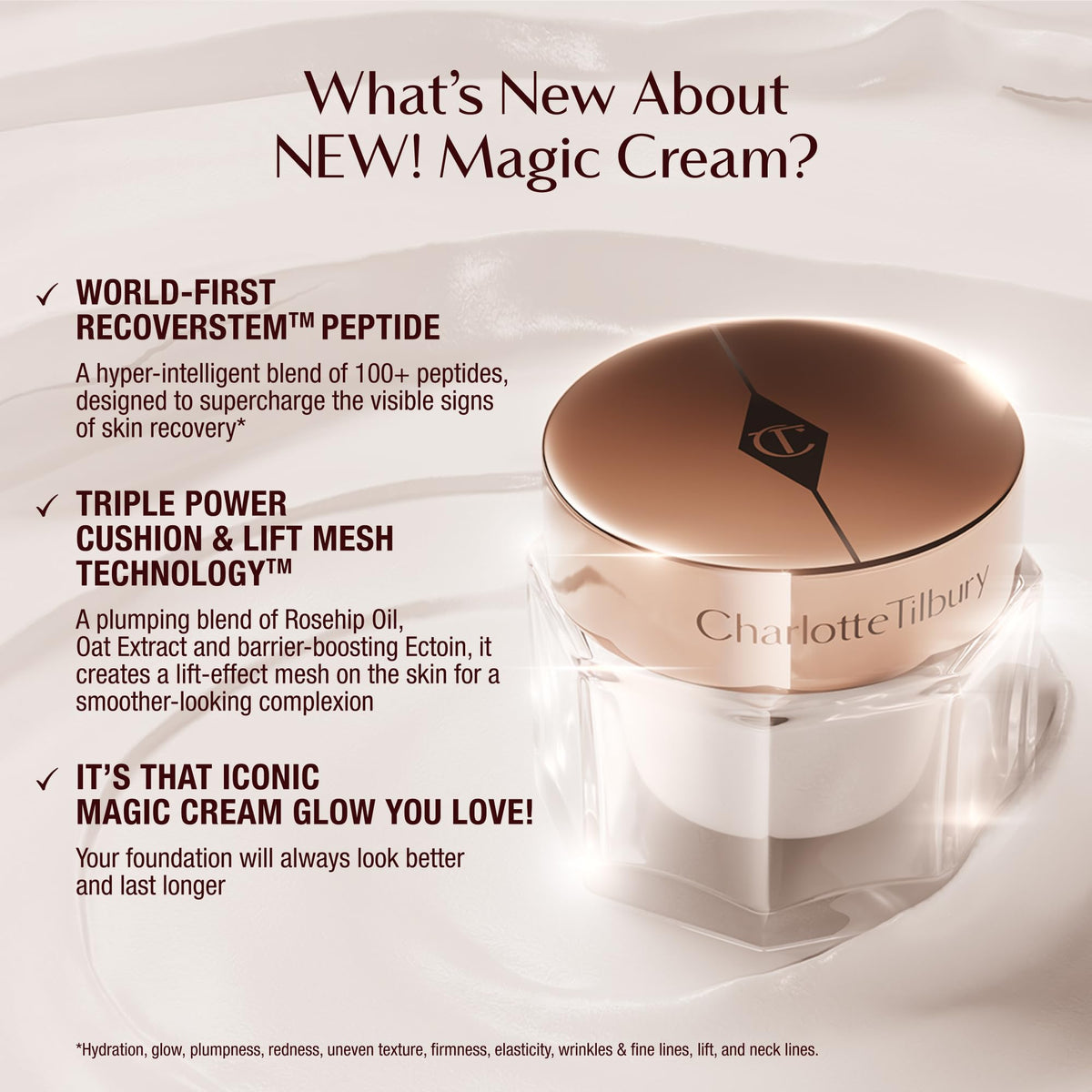 Charlotte Tilbury cream being smoothed into hands demonstrating quick absorption and priming