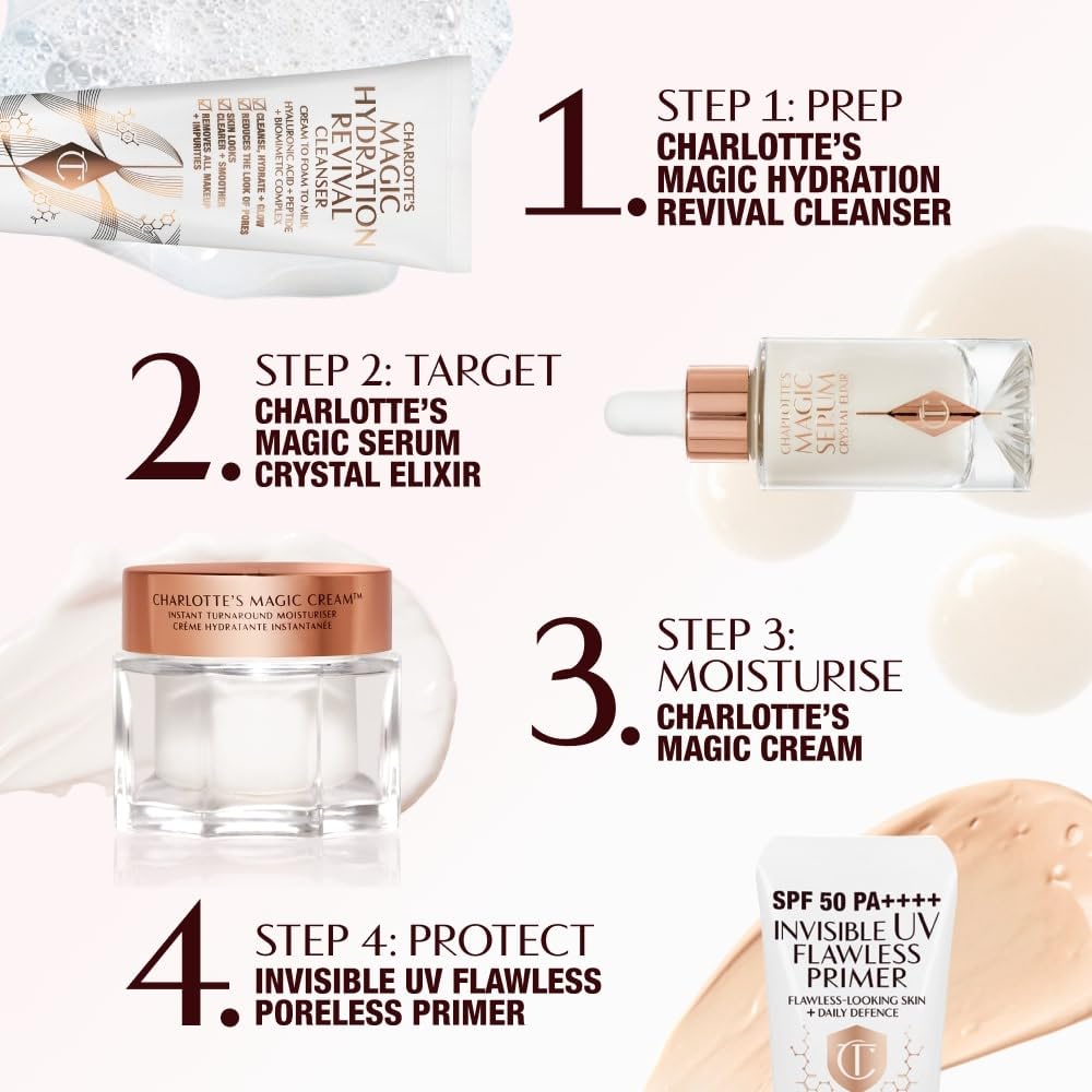 Charlotte Tilbury jar inside a makeup bag showing on-the-go priming benefit