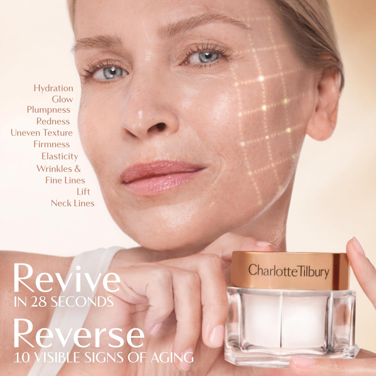 Charlotte Tilbury ingredient bottles with peptides and hyaluronic acid promoting skin support