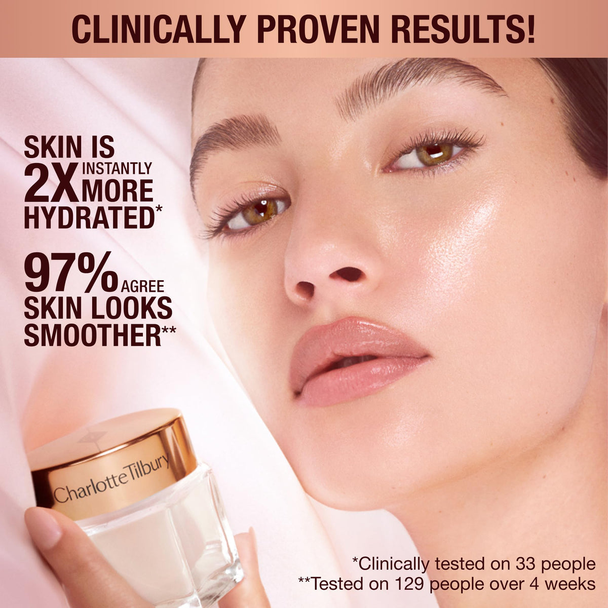 Charlotte Tilbury ingredients display with rosehip and aloe for nourishing care
