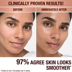 Charlotte Tilbury swipe before and after on cheek showing visible smoothing effect