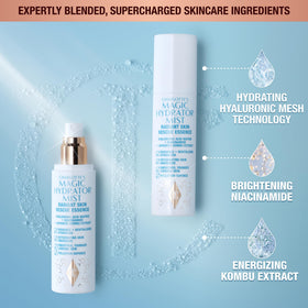 Charlotte Tilbury mist spraying over face demonstrating quick hydration boost benefit