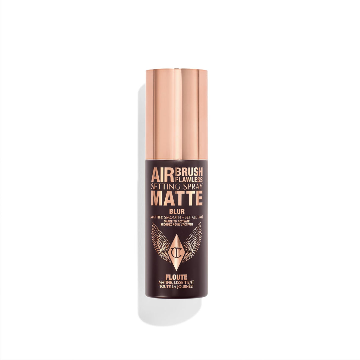 Charlotte Tilbury front bottle showing matte setting spray packaging and benefit