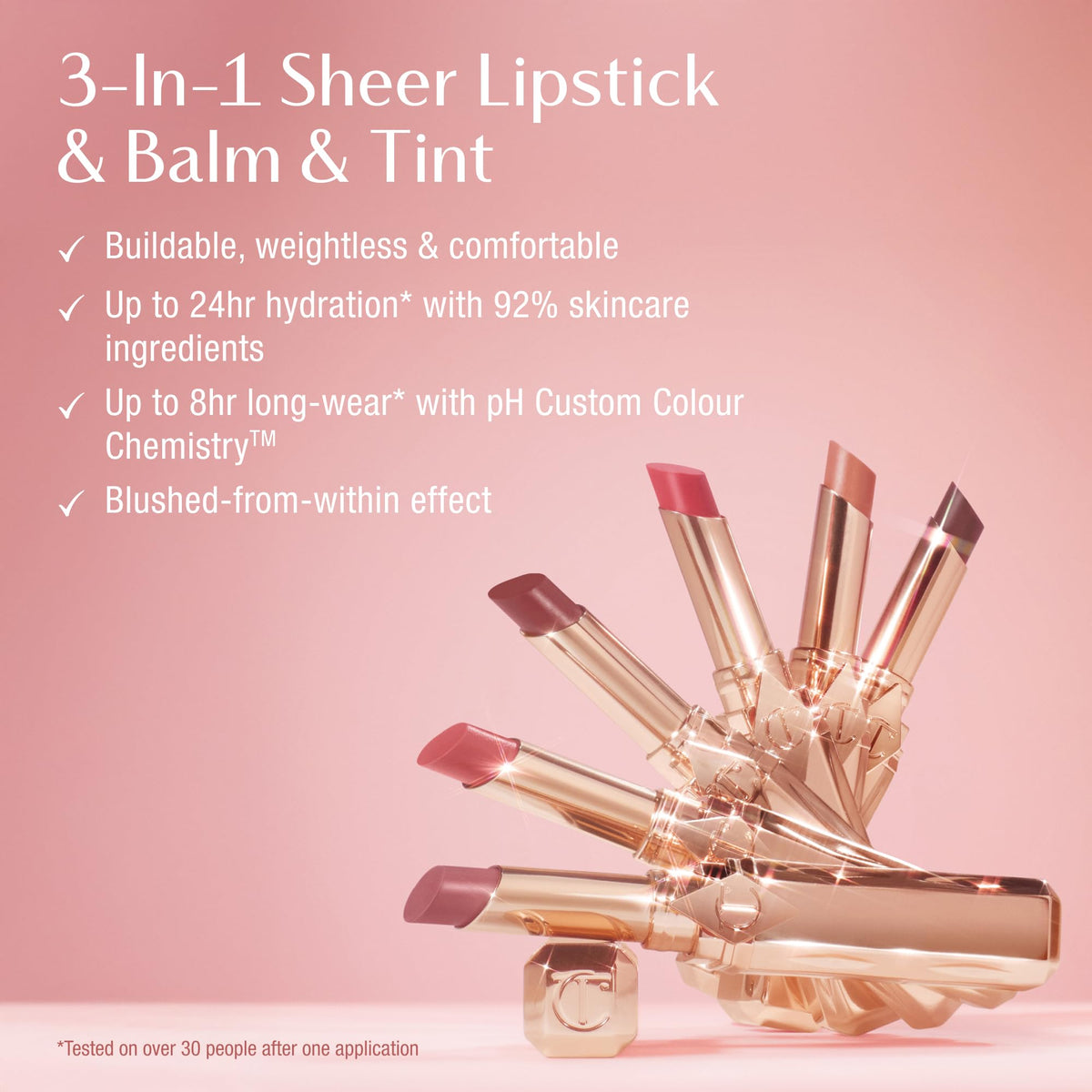 Charlotte Tilbury lip application stroke showing sheer buildable Pillow Talk color