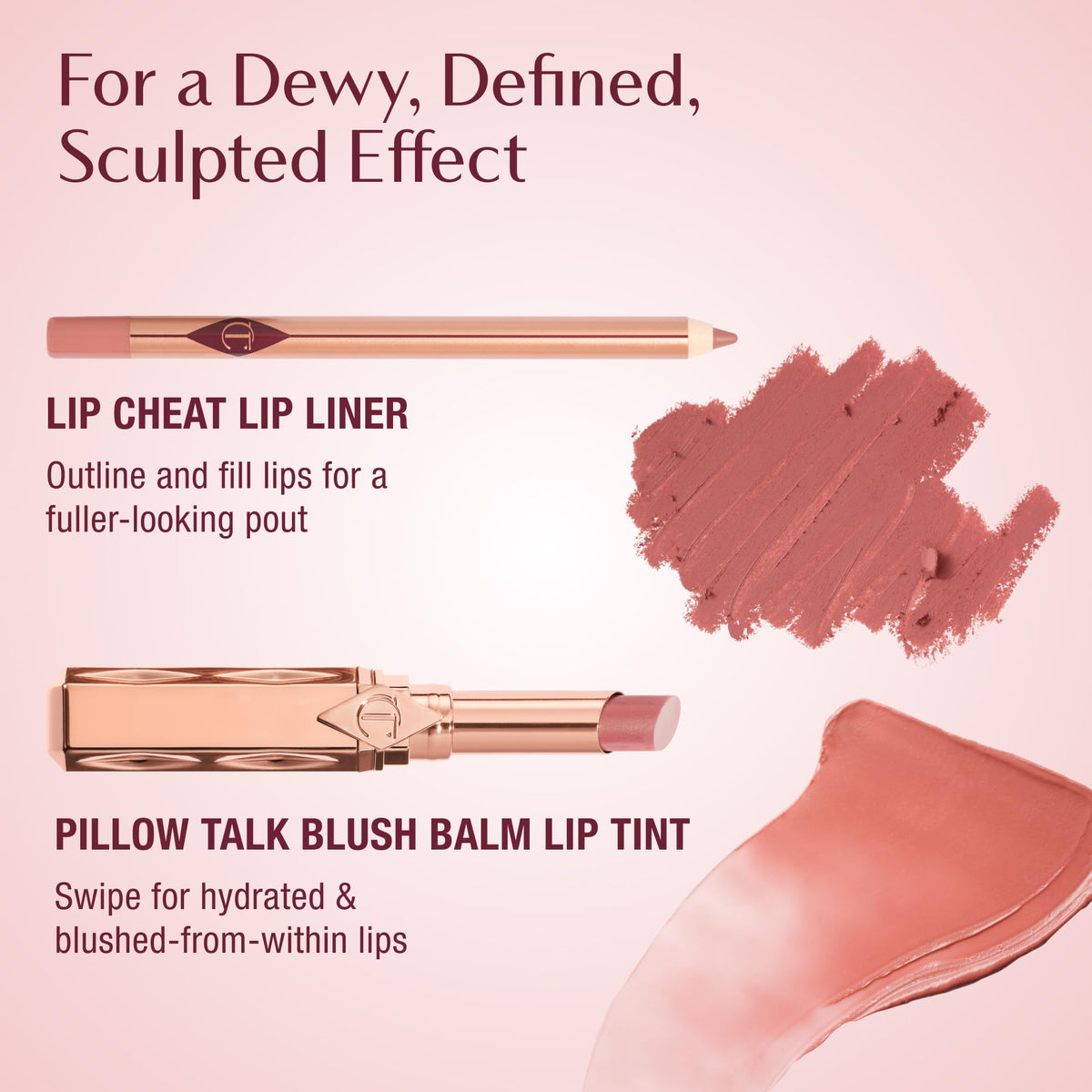 Charlotte Tilbury Pillow Talk Medium dabbed on cheek, dual-use for harmonious flush