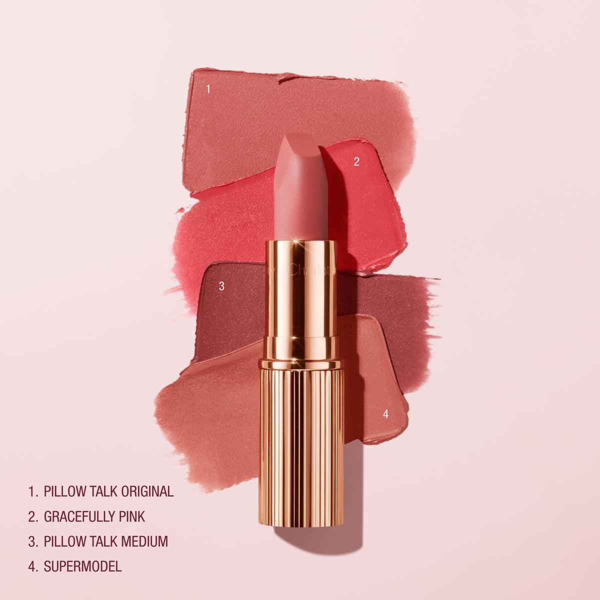 Charlotte Tilbury detailed shot of tube and logo emphasizing giftable presentation