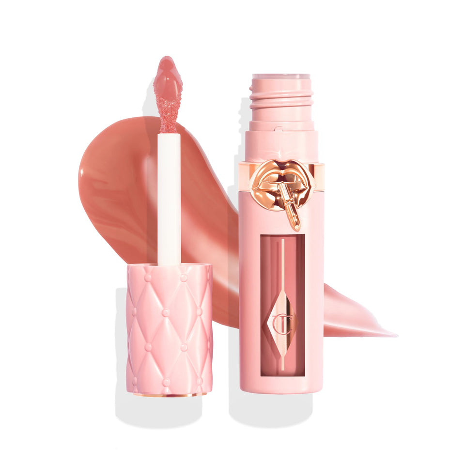 Charlotte Tilbury front packaging showing glossy plumpgasm tube and label, highlights instant fullness