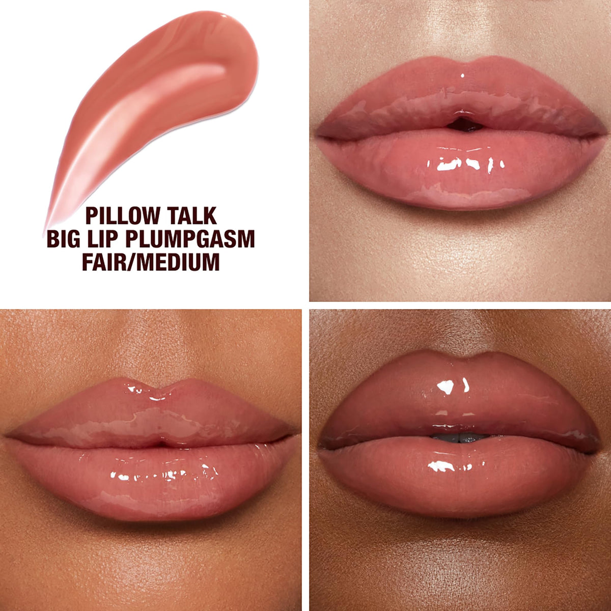 Charlotte Tilbury swatch on hand showing pink-nude Fair/Medium shade and noticeable glossy depth