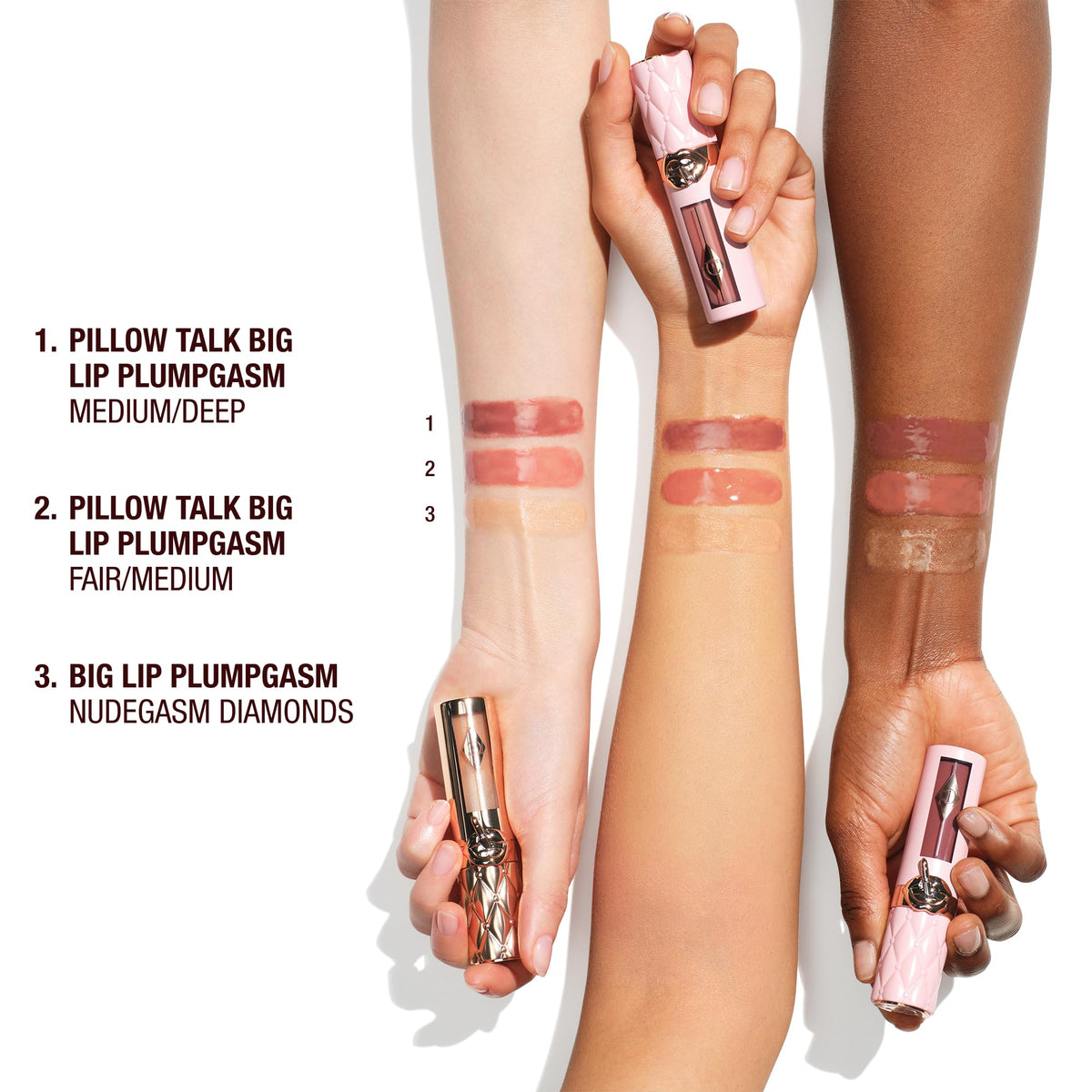Charlotte Tilbury gloss layered over lipstick to show amplified color, shine, and plumping effect