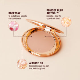 Charlotte Tilbury powder with rose wax and almond oil ingredients highlighting nourishment