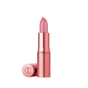 Charlotte Tilbury lipstick front view showing elegant pink-metallic tube and instant glam