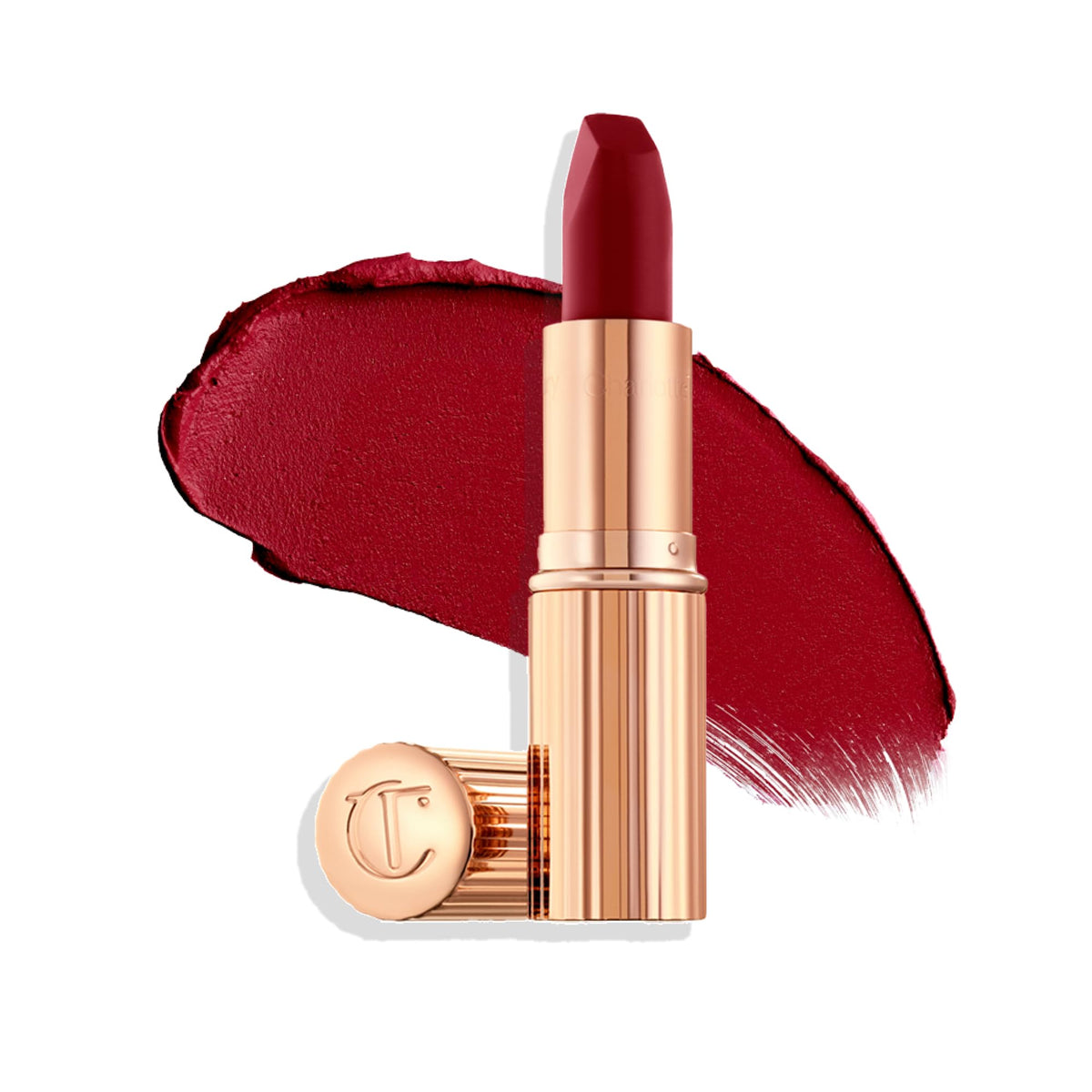 Charlotte Tilbury lipstick front packaging showing elegant case and bold red shade benefit: standout presentation