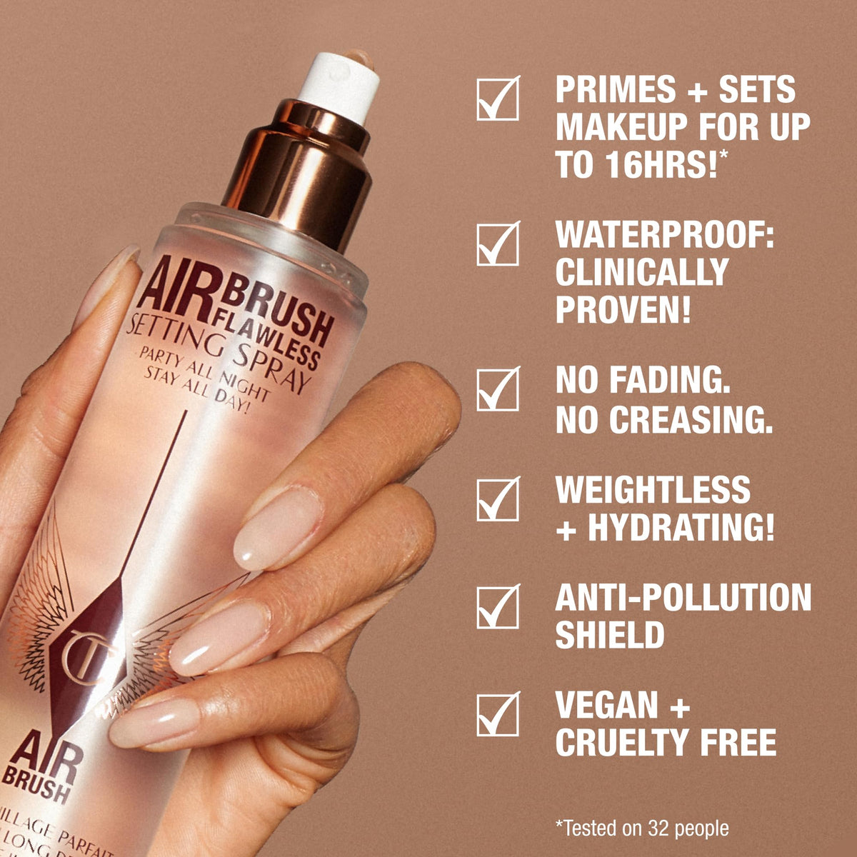 Charlotte Tilbury spray in use on model to lock makeup and refresh skin