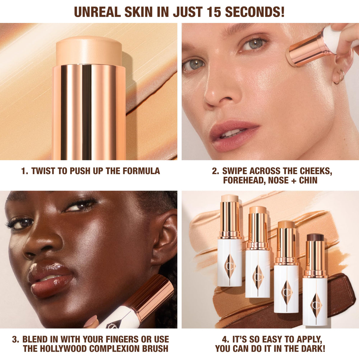 Charlotte Tilbury applying stick to cheek demonstrating quick, blendable coverage
