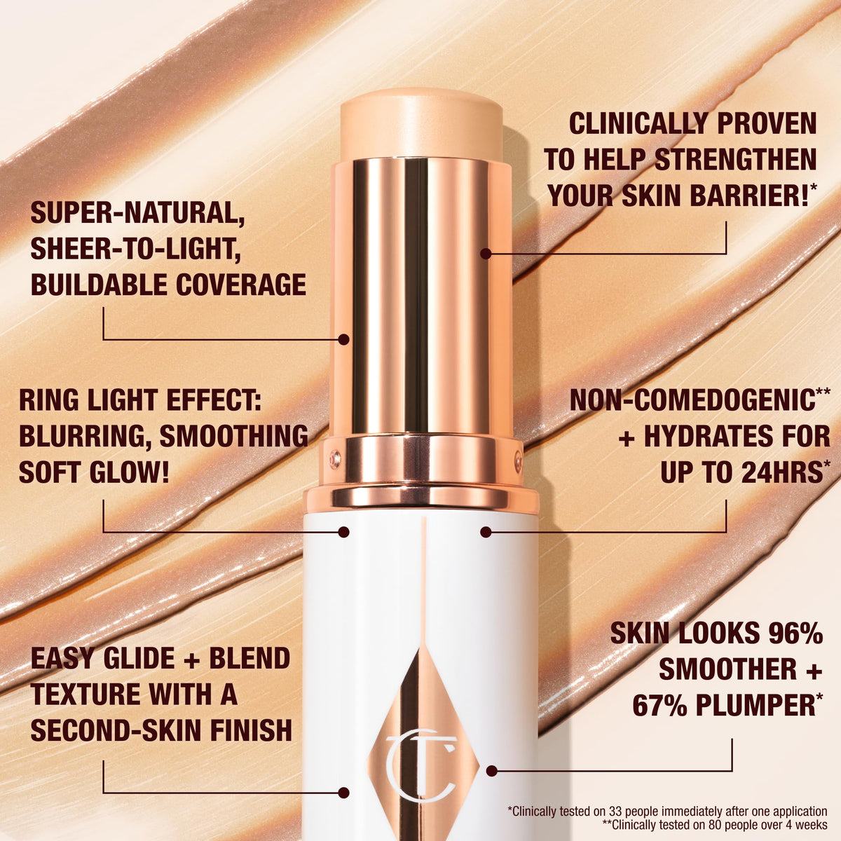 Charlotte Tilbury swatch on forearm illustrating sheer-buildable coverage