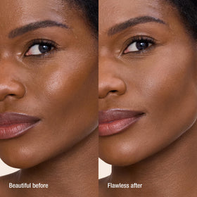 Charlotte Tilbury powder and brush swatch demonstrating lightweight coverage benefit