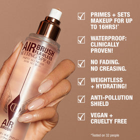 Charlotte Tilbury close-up of mist droplets on skin highlighting lightweight texture and blurring effect