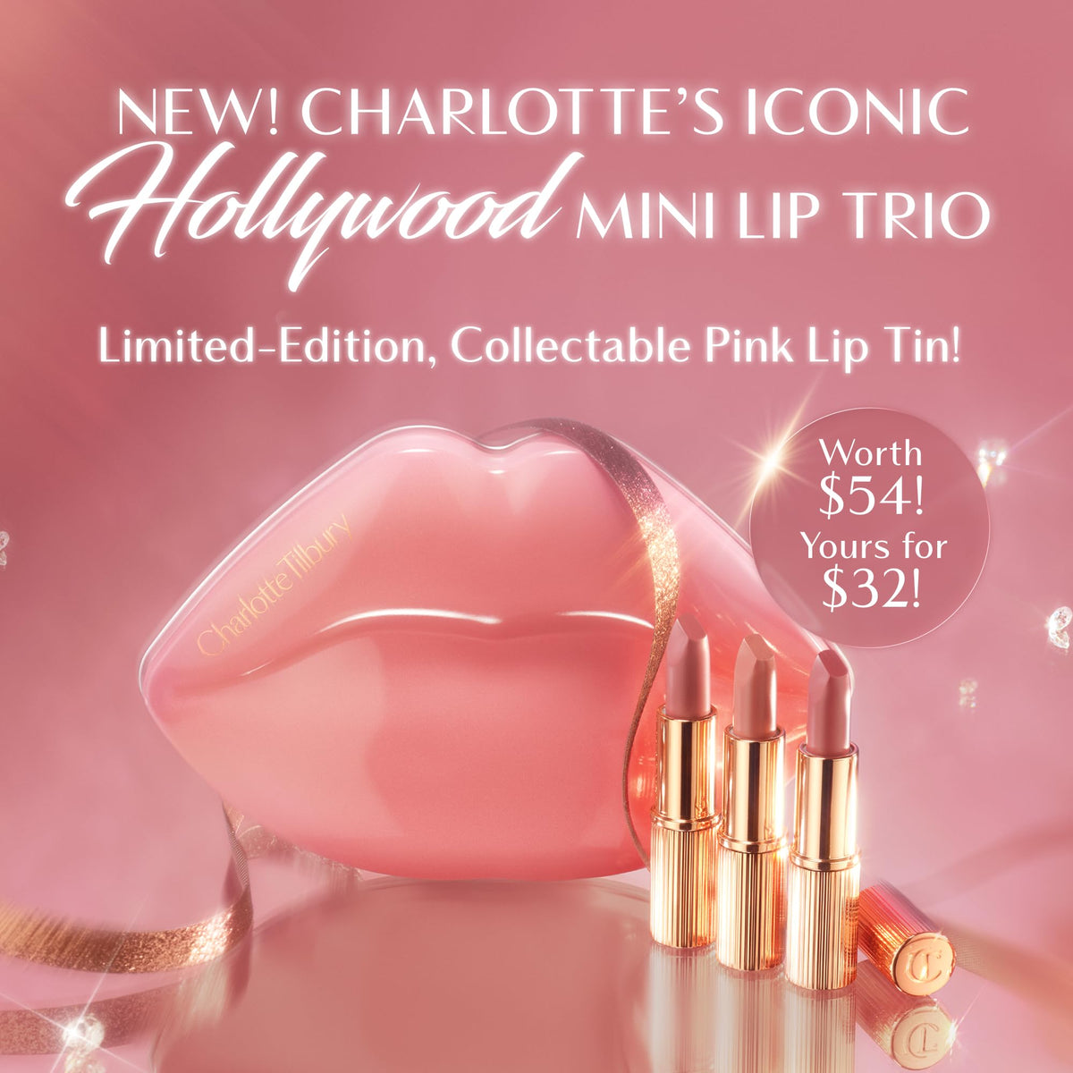 Charlotte Tilbury three travel lipsticks arranged flatlay, illustrating shade variety and portability