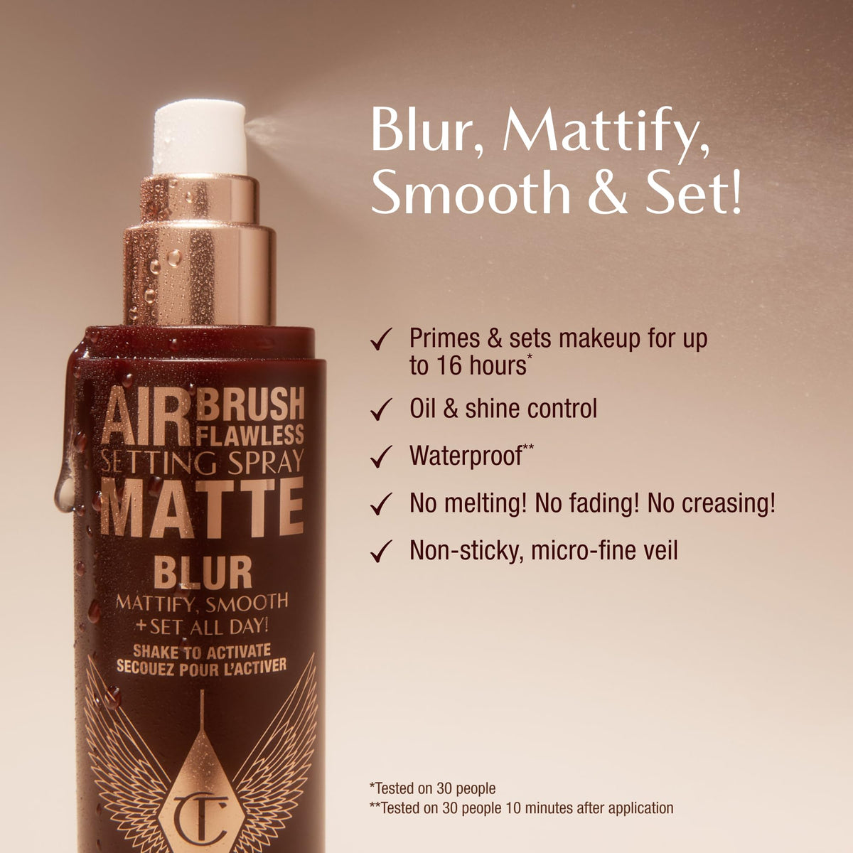 Charlotte Tilbury mist spraying fine ultra‑fine particles for even makeup hold