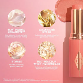 Charlotte Tilbury applying stick to cheek demonstrating blendability and quick glow benefit