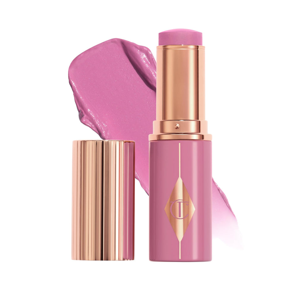 Charlotte Tilbury blush stick front packaging showing brand and shade, easy portability benefit