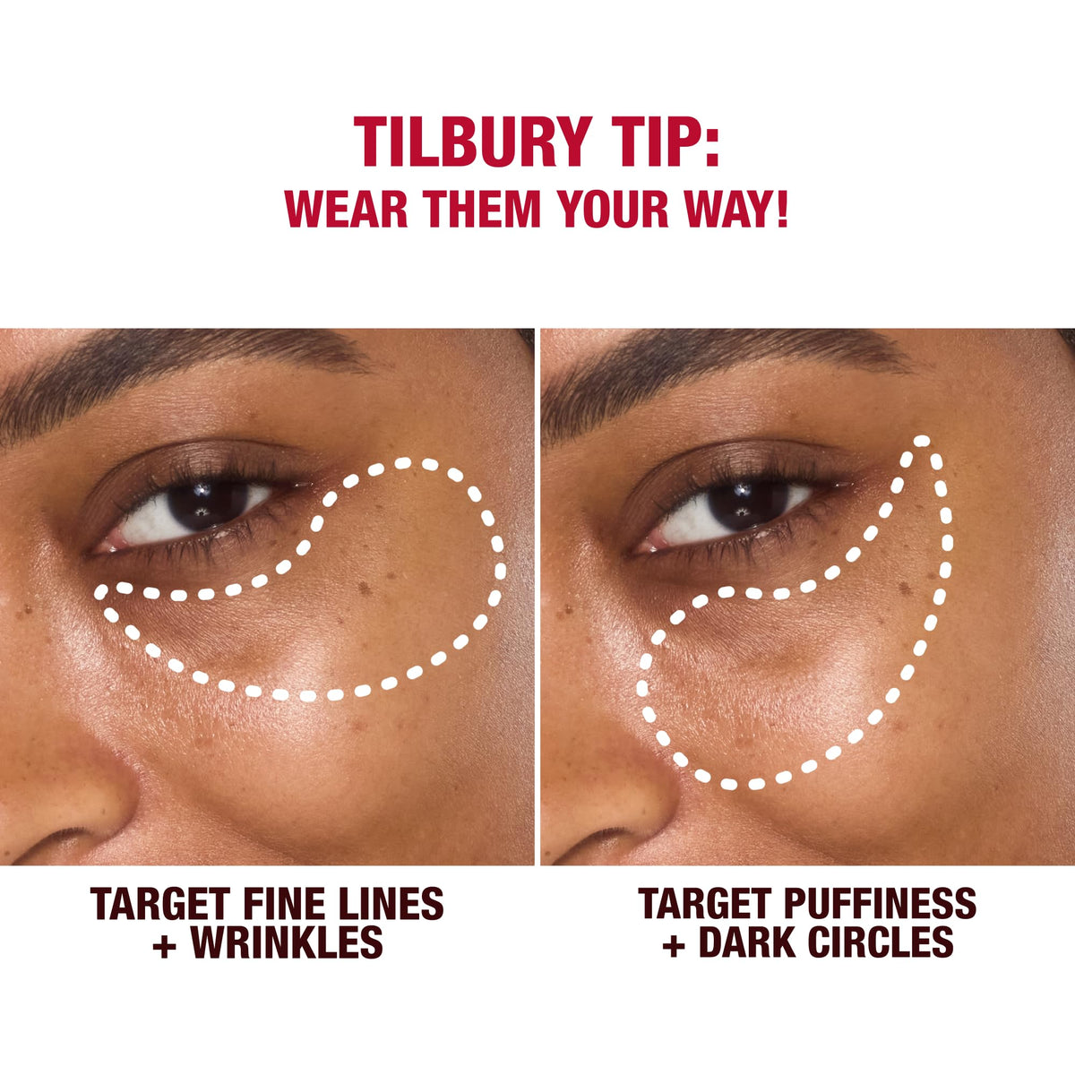 Charlotte Tilbury model applying patch under eye demonstrating de-puffing benefit