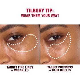 Charlotte Tilbury model applying patch under eye demonstrating de-puffing benefit