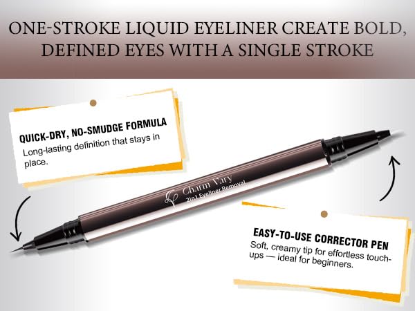 Charm Vary applied winged eyeliner demonstrating clean finish