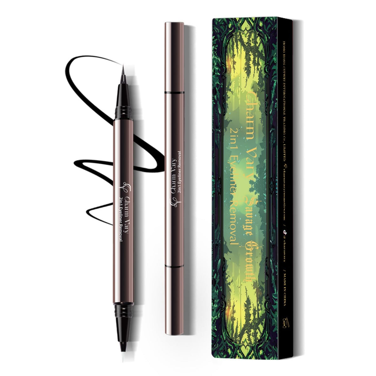 Charm Vary front packaging showing dual-ended eyeliner benefits