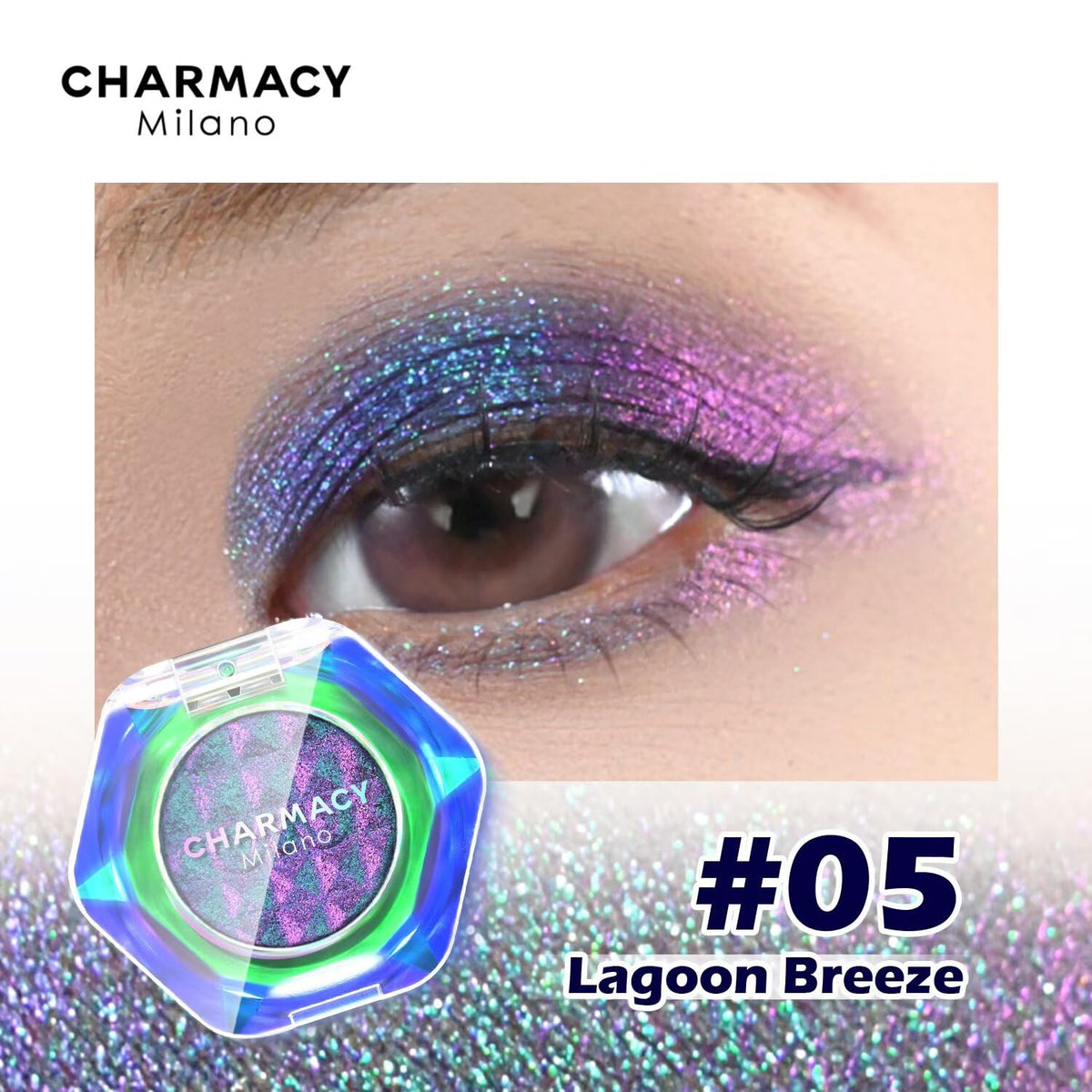 Charmacy Milano compact top label highlighting shade #05 and brand clarity