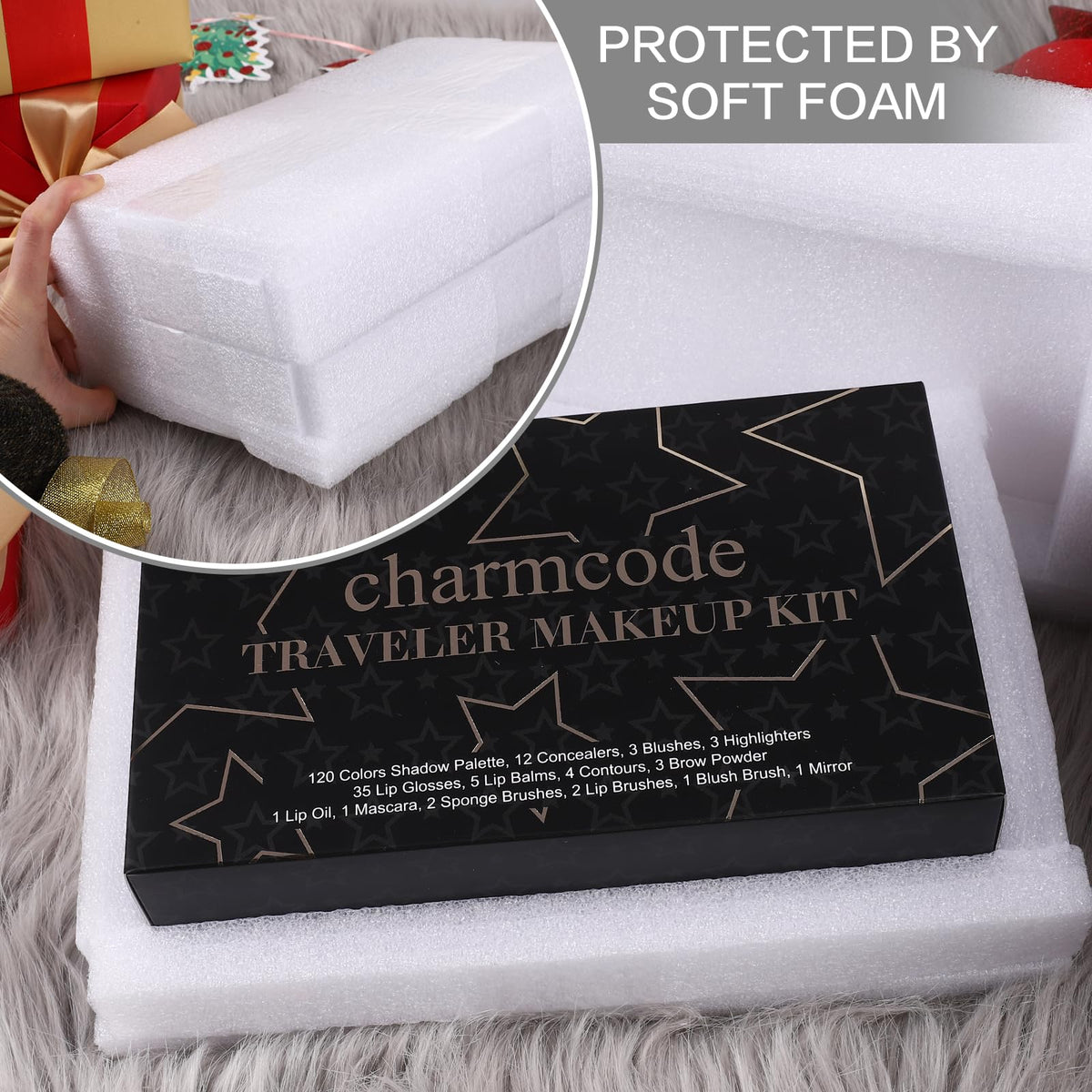 CHARMCODE palette next to a handbag illustrating compact travel portability