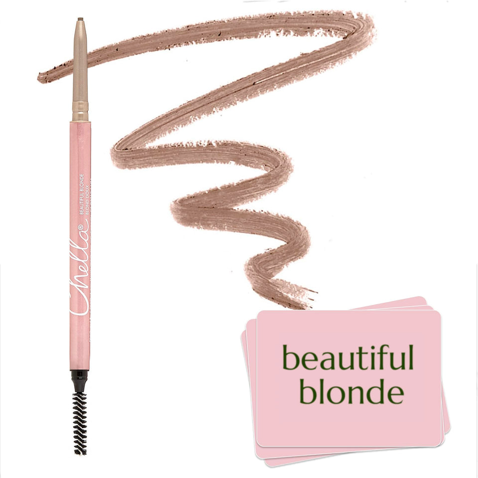 Chella front packaging showing compact brow pencil and benefit of portability