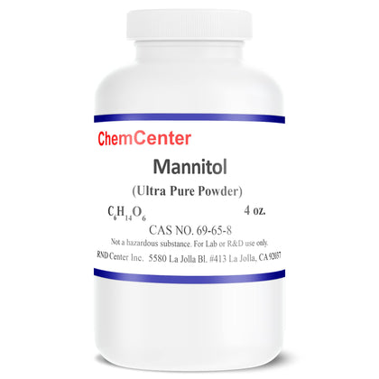 ChemCenter mannitol front bottle showing label and 4 oz container, clear lab-grade packaging